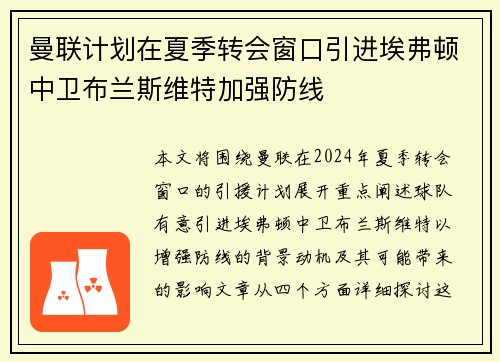 曼联计划在夏季转会窗口引进埃弗顿中卫布兰斯维特加强防线 曼联计划在夏季转会窗口引进埃弗顿中卫布兰斯维特加强防线